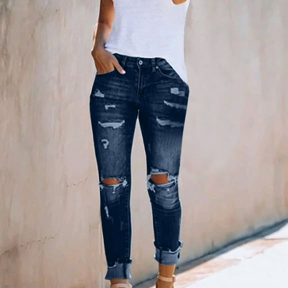 Womens Jeans High Waisted Ripped Stretchy Curvy Skinny Lightweight Comfortable Casual Jeans Blue L