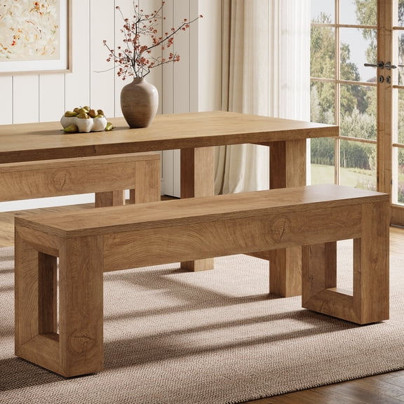 Finmind 47-inch Dining Bench, Farmhouse Wooden Kitchen Bench for Dining Room, Living Room, Light Brown