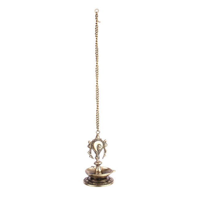 Brass Hanging Shankh Design 7 Oil Wick Diya With 17 Inch Chain, Brown & Golden