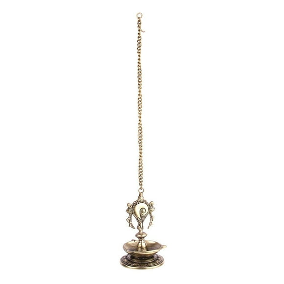 Brass Hanging Shankh Design 7 Oil Wick Diya With 17 Inch Chain, Brown & Golden