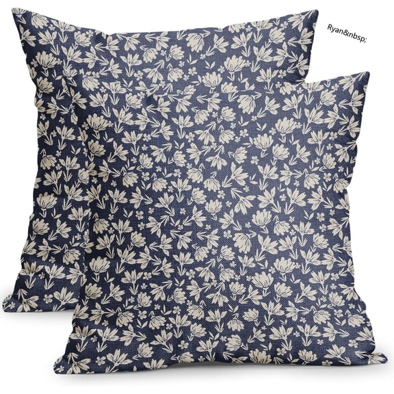 Ryan Vintage Floral Pillow Covers 18x18 Inch Set of 2, Navy Blue and Cream Rustic Flower Throw Pillows, Blue Small Floral Print Farmhouse Cotton Linen Cushion Cover for Couch