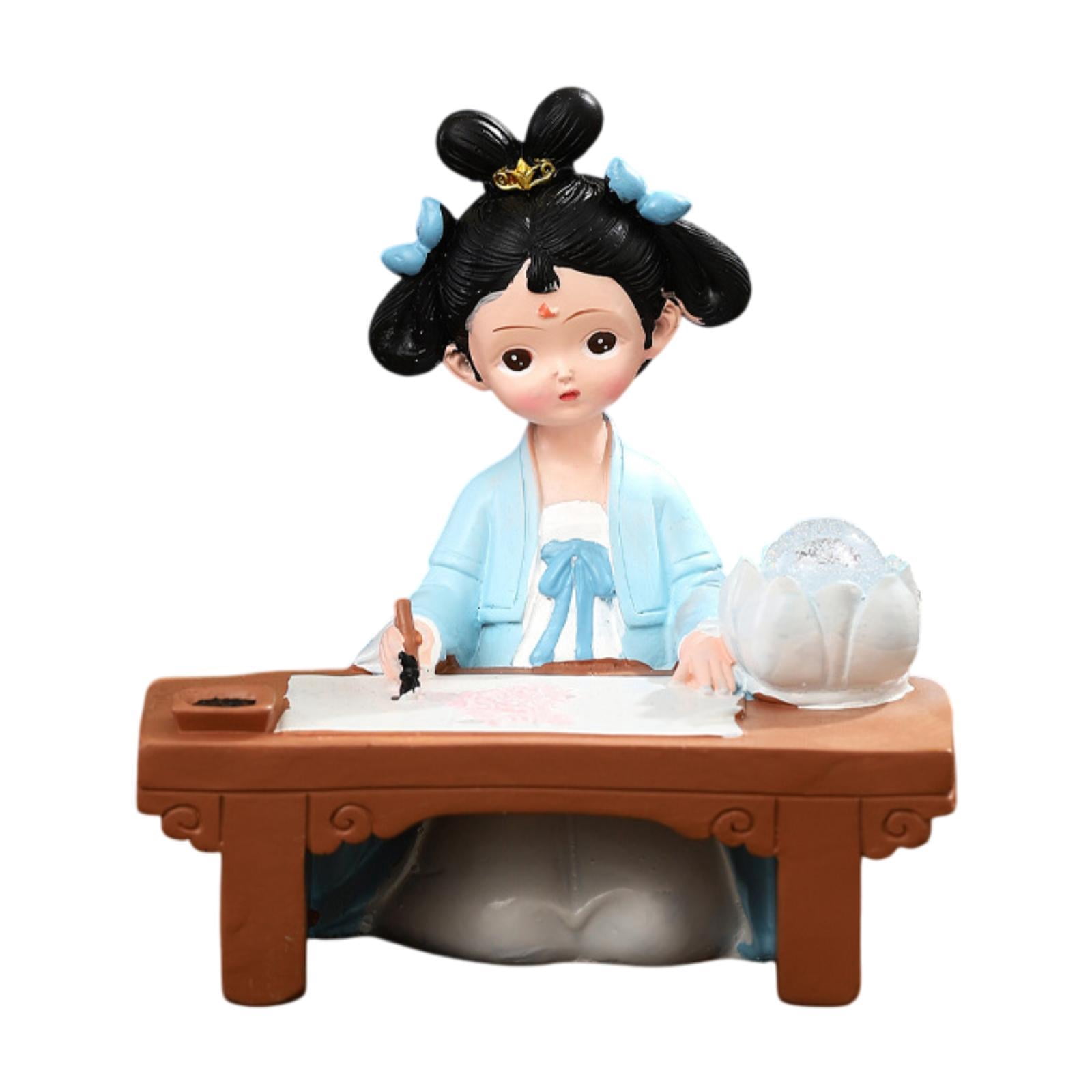 Esquirla Girl Resin Statue Figurine with Light Folk Ethnic Decoration,Miniature Traditional Chinese Ancient for Store Cabinet New Year Blue