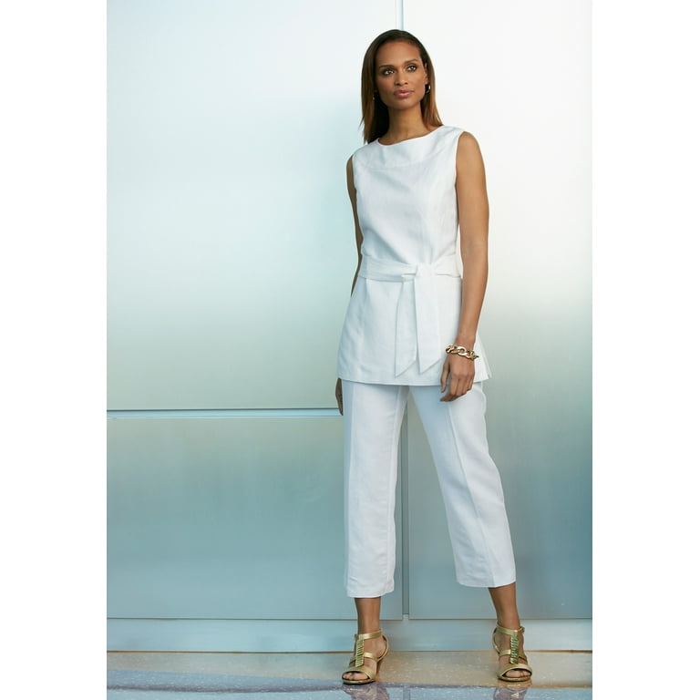 Jessica London Women's Plus Size Two Piece Sleeveless Tunic Top Capri Pants  Linen Blend Set - 20, White