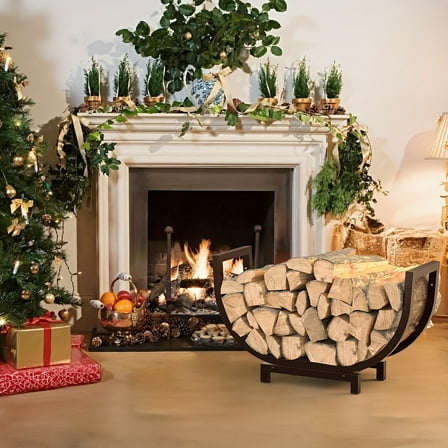 Firewood Rack Outdoor And Indoor Firewood Storage, 24 INCH Double Coated Fire Wood Organizer, Waterproof Rustproof Stable Log Holder And Fireplace Decor, Bronze