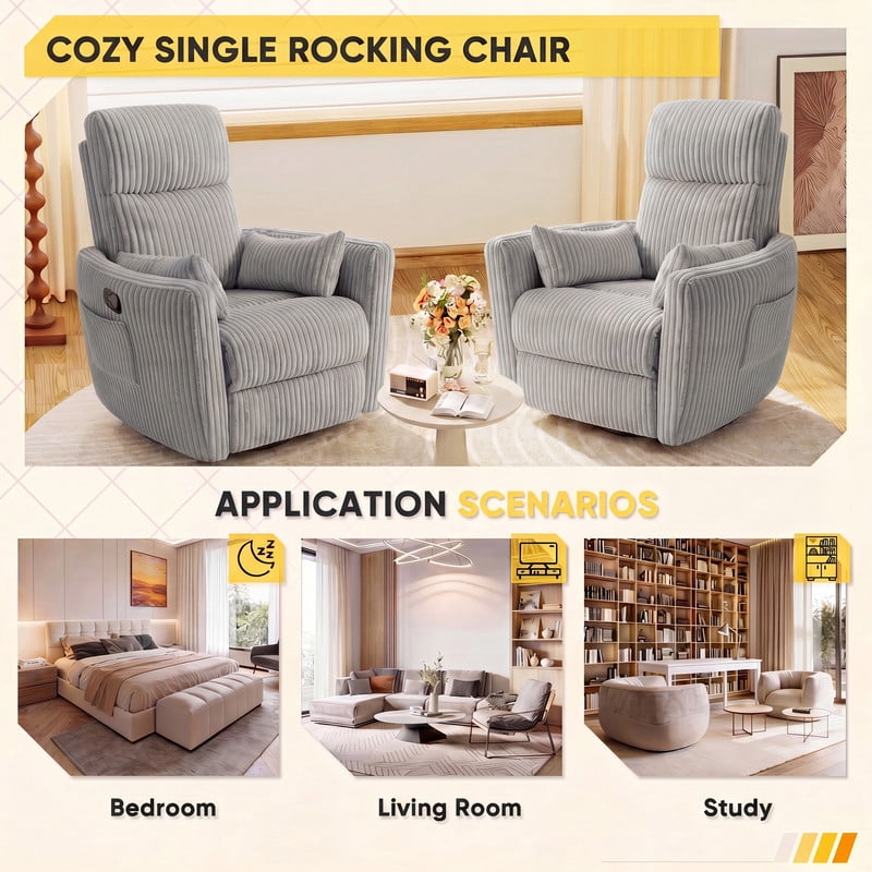 Furmax 360° Swivel Recliner Power Massage Rocker Chair Adult Glider Rocker with 2 Comfy Pillows for Nursery,Corduroy Gray