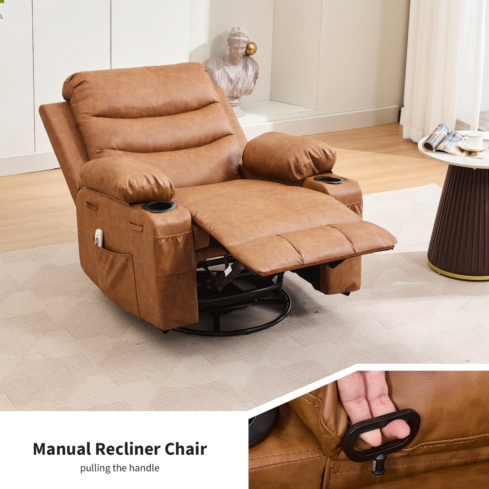 Oversized Recliner Chair for Living Room - Manual Rocking & 360° Swivel Glider - Massage & Heat - Cup Holder - Comfortable Accent Lounge Chair for Adults, Nursery, Bedroom