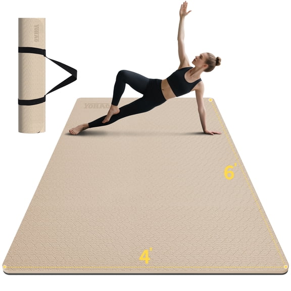8mm Large Yoga Mat (6'x 4') with Soft Fabric - Extra Long and Wide 72 x 48 x 0.32 inches, Non-Slip Surface, Eco-Friendly, Lightweight, Thick Wide Yoga Mat for Home Workouts.(Beige Black)