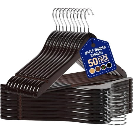 LifeMaster 50-Pc Cherry Wood Hangers - Heavy Duty Set, 360&deg; Swivel, Notched for Camisole, Jacket, Pant, Dress. Space-Saving, Sleek Design & Natural Elegance for Organized Closets