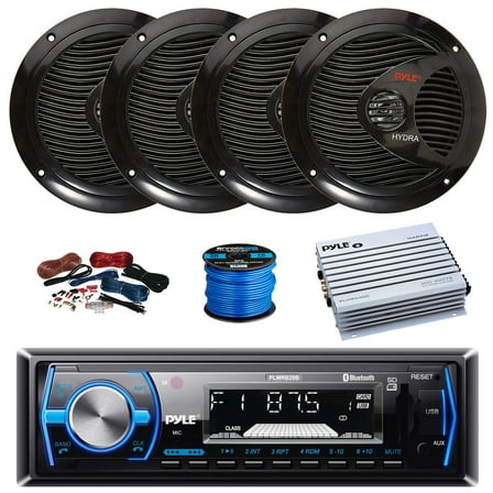 Pyle PLMRB29B Single DIN Bluetooth MP3 In-Dash Stereo Receiver, 4-Channel Amplifier w/Install Kit, 4X 6.5" 150 Watt 2-Way Dual Cone Full Range Audio Speakers (Black) w/ Wire