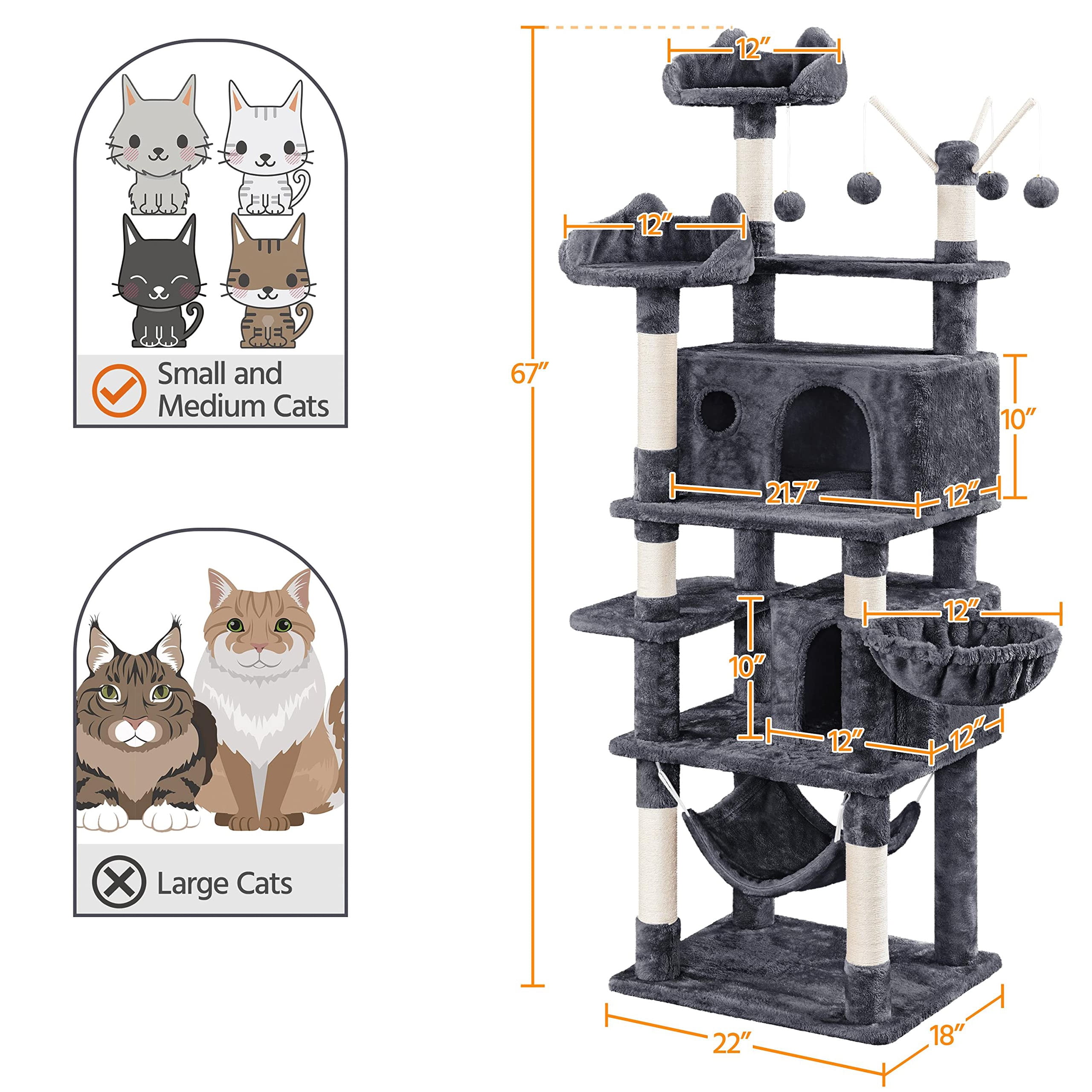 Cat Tree for Indoor Cats 67in Tall, Multi-Level Cat Tower with Condos Scratching Posts Hammock Basket Dangling Toys, Playhouse for Kittens Adult Cats, Dark Gray