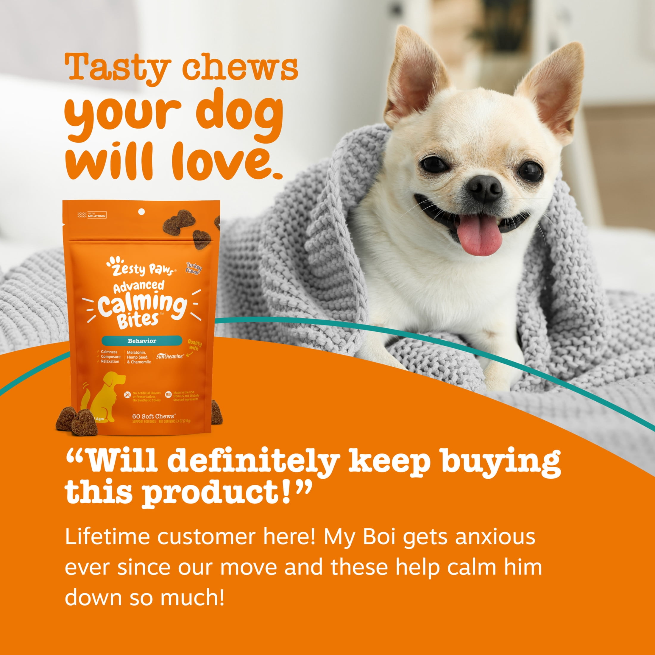 (6 pack) Zesty Paws Advanced Calming Bites Turkey Flavor Dog Supplement, 60 Count