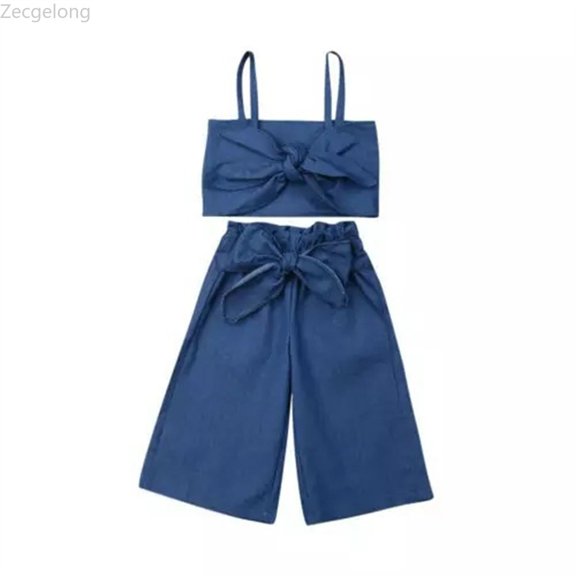 Zecgelong Summer Children Baby Girls Clothes Sets Denim Short Sleeveless Strap Crop Tops Wide Leg Pants Toddler Outfits Clothing Set Girls Outfits Sets Age 3-4 Years