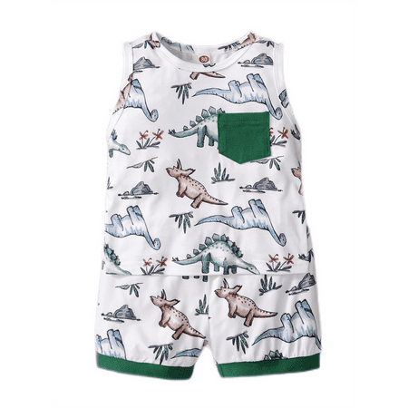 

KIMI BEAR Newborn Baby Boys Outfits Dinosaur Print Sleeveless Top + Shorts 2PCs Set 3-6 Months Muti-color