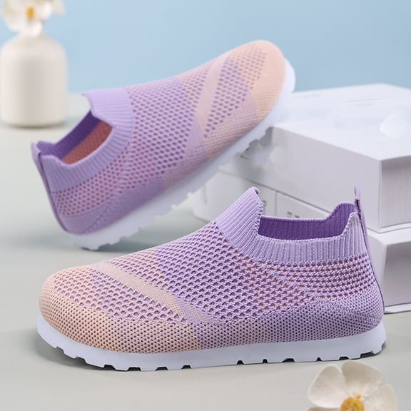 FSYBOA Girls Hook and Loop Sneakers Size 13(Little Kids), Soft Soled Breathable Flat Mesh Kids Running Shoes Purple