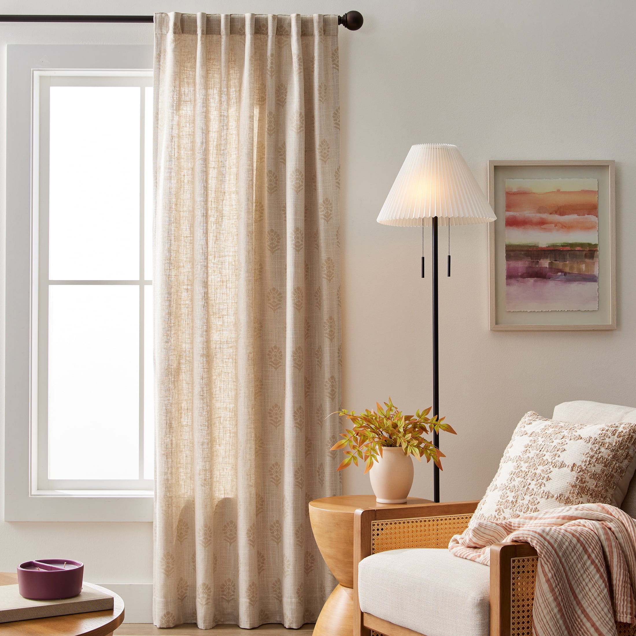 Better Homes & Gardens Floral Block Print Light Filtering Single Curtain Panel, Beige, 50"W x 84"L
