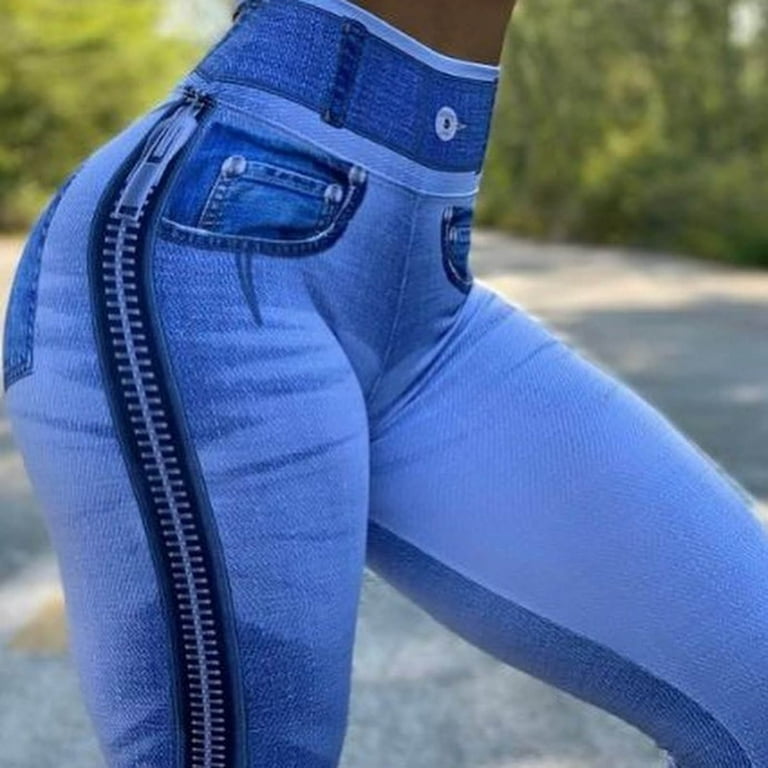 YYDGH Jean Look Leggings for Women High Waist Tummy Control with Back  Pockets Denim Printed Fake Jean Leggings Seamless Light Blue XXL