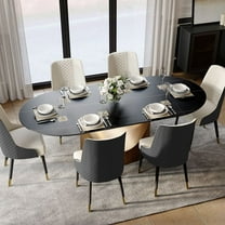 POVISON-79"Hobart Modern Oval Dining Table for 6-8, White Oval Glossy Sintered Stone Kitchen Table, Bronze Carbon Steel Base
