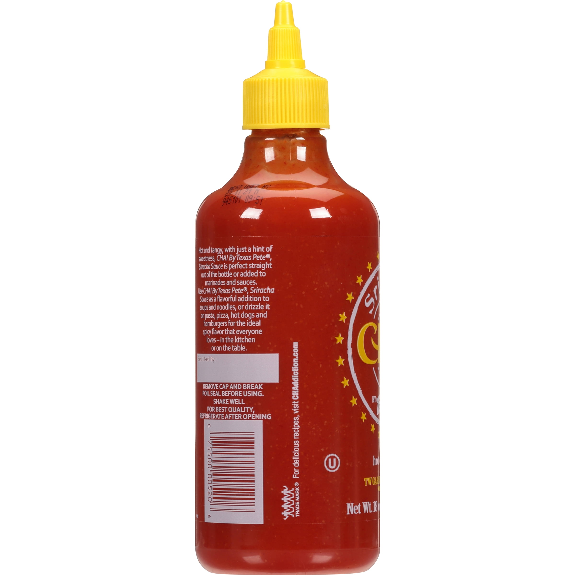 Texas Pete Sriracha Cha Hot Chile Sauce, 18 oz, Made with no Allergens