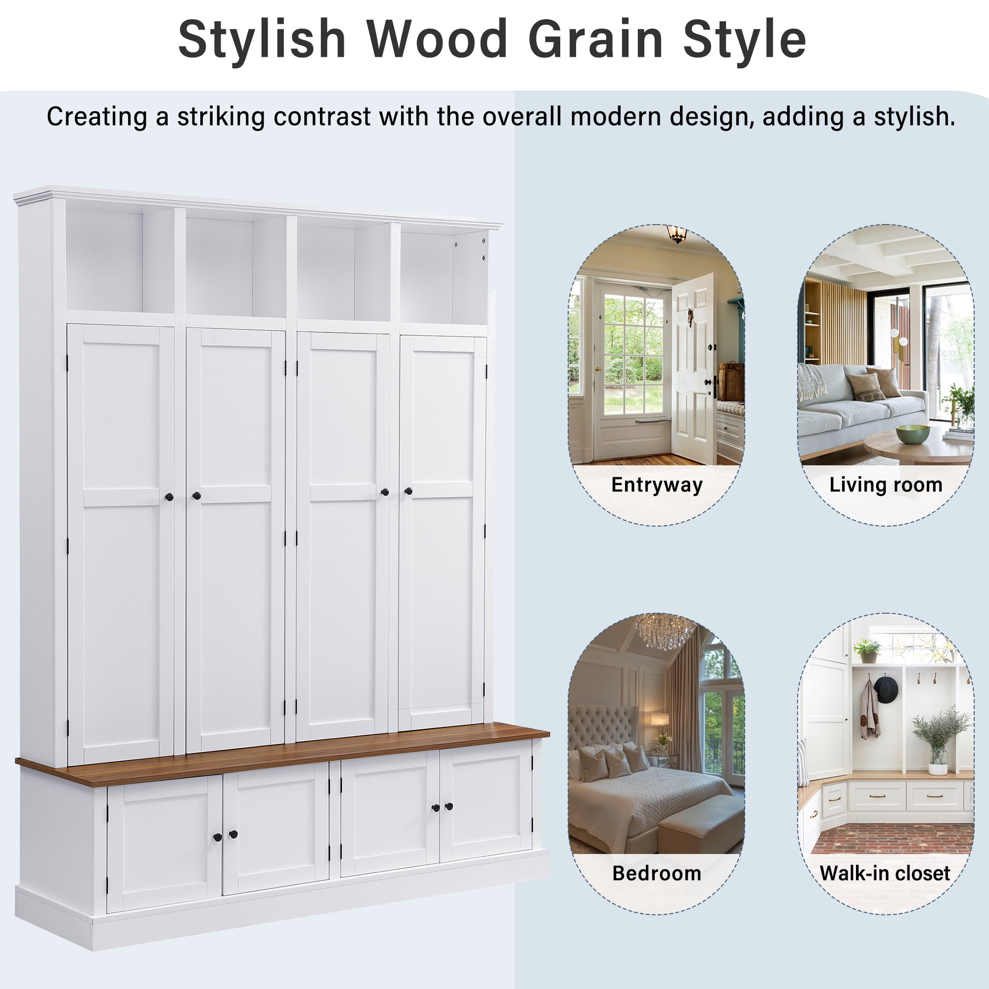76.7''H Modern Entryway Hall Tree with Storage Bench, Accent Wardrobe Organizer with Cubbies and Hidden Hooks for Hallway