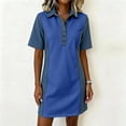 thumbnail image 6 of QSAWXQZ Women's Denim Patchwork Shirt Dress Quarter Button Lapel Collar Short Sleeve Mini Dress S, 6 of 9