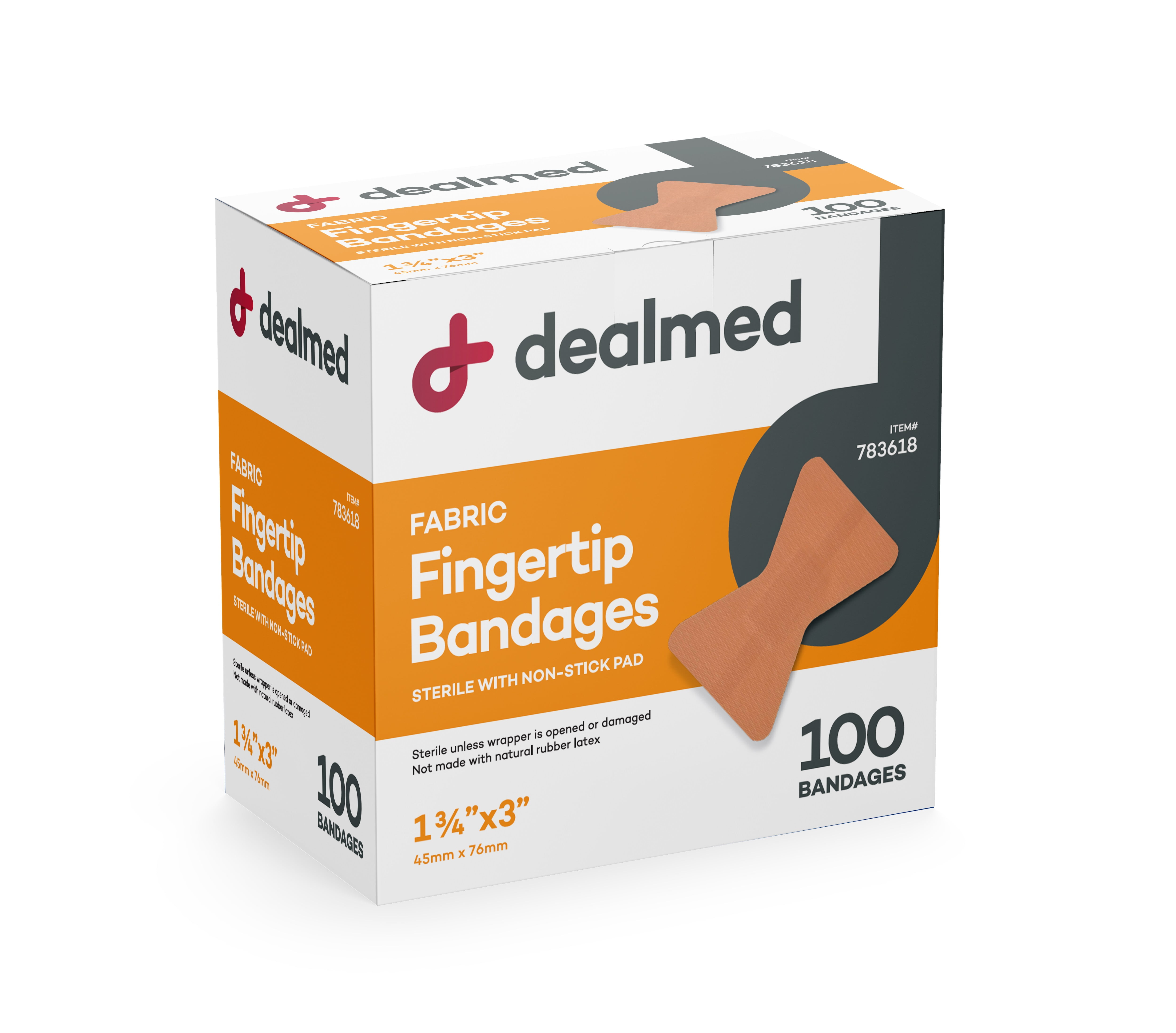 Dealmed Fabric Fingertip Bandages, Sterile, Non Stick, 1-3/4' x 3', 100/Bx