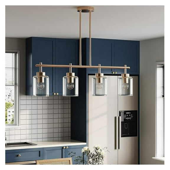 4-Light Kitchen Island Lighting, Modern 29.92. inch Island Chandelier with Stripe Glass Shade, Industrial Pendant Lighting Over Table, Pendant Light Fixture for Dining Room