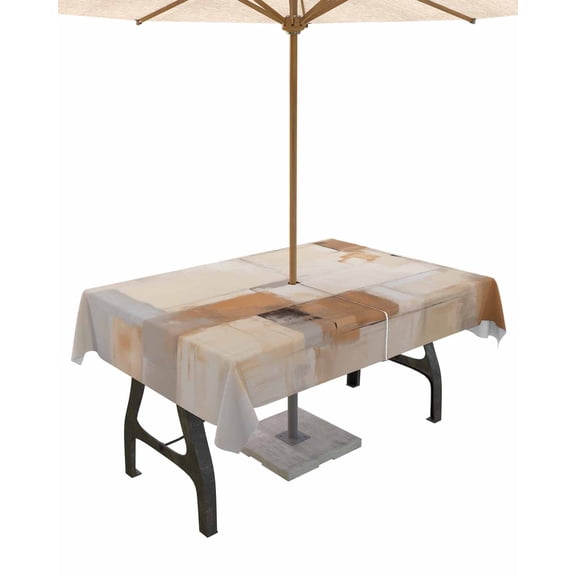 Fsddascl Brown Geometric Outdoor Tablecloth - 54x80 Inch Rectangle Dining Table Cover, Modern Oil Painting Abstract Waterproof Outdoor Table Cloth with Umbrella Hole & Zipper for Picnic/Patio/Party
