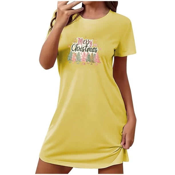 Camisón corto navideño para mujer, talla grande, con cuello redondo estampado y mangas cortas, para el pecho.