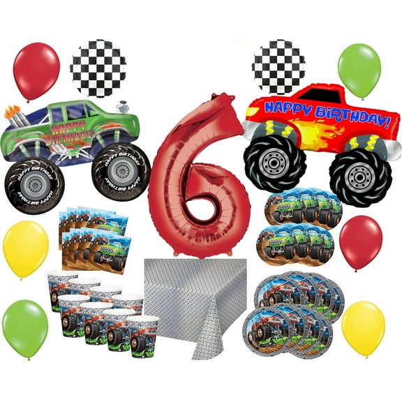 Monster Truck Rally 6th Birthday Party Supplies 16 Guest Decoration Kit with Green and Red Monster Truck Balloon Bouquet