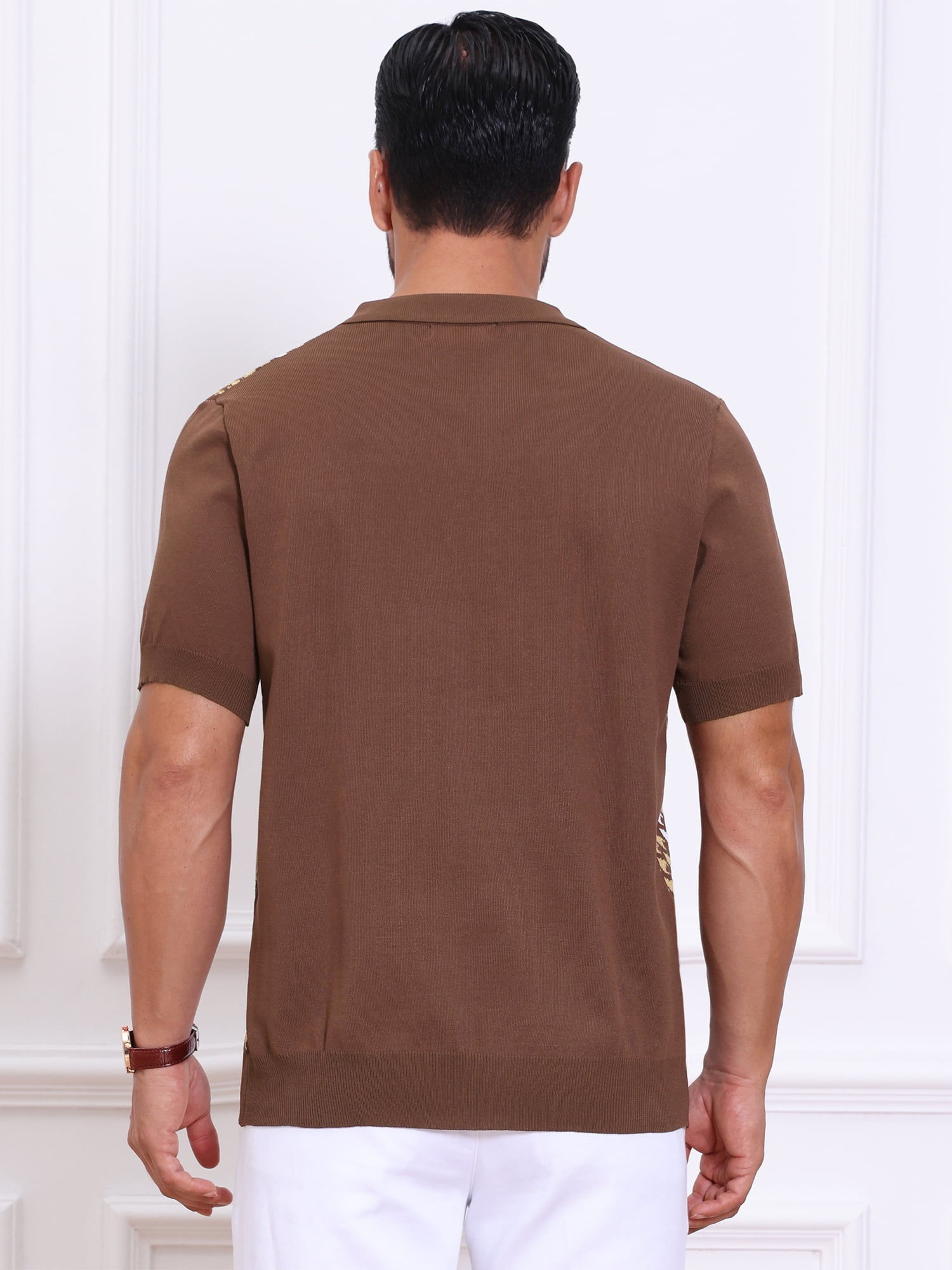 DARING DIVA Men's Houndstooth Summer Short Sleeve Casual Knit Polo Shirt M Brown