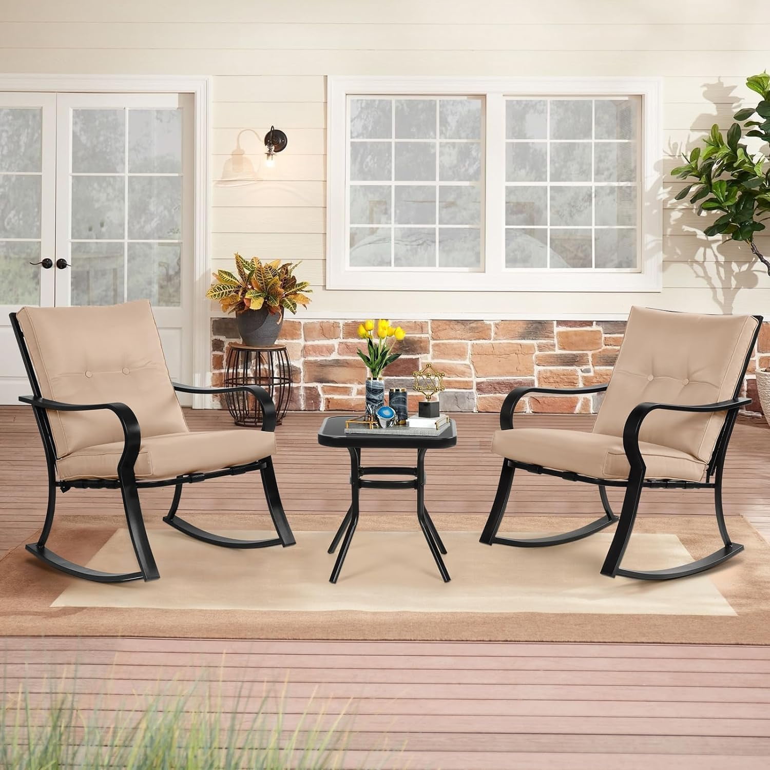 SUNCROWN 3-Piece Outdoor Patio Bistro Set Black Metal Rocking Chairs and Table with Brown Cushions