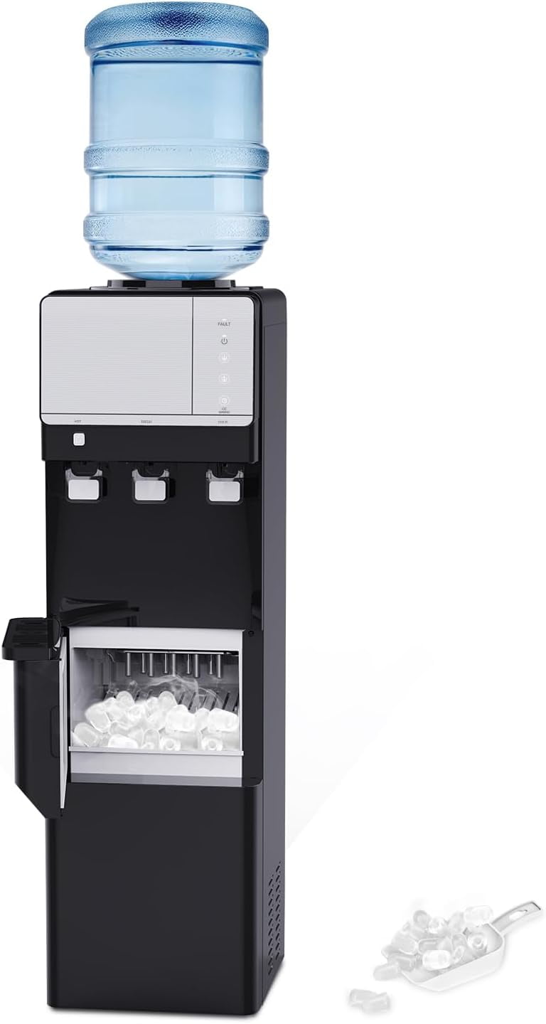 IKT Hot and Cold Water Dispenser with Ice Maker ,5 Gallon Bottle Top Load 27 lbs Daily Capacity with Child Safety Lock Black