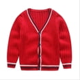 thumbnail image 2 of Unisex Kids and Toddlers' V-Neck Cotton Uniform Cardigan Sweaters Soft Striped Trim Cable Knit Sweater Boys School Outerwear, 2 of 5