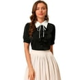 thumbnail image 1 of INSPIRE CHIC Women's Contrast Collar Tie Ruffle Front Button Short Sleeve Work Shirt, 1 of 6