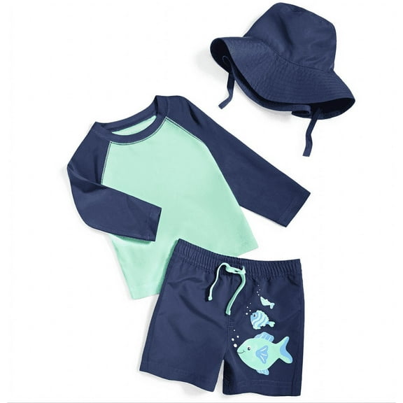 First Impressions Baby Boys Fish Rashguard, Swim Shorts and Hat, 3 Piece Set, Navy Sea