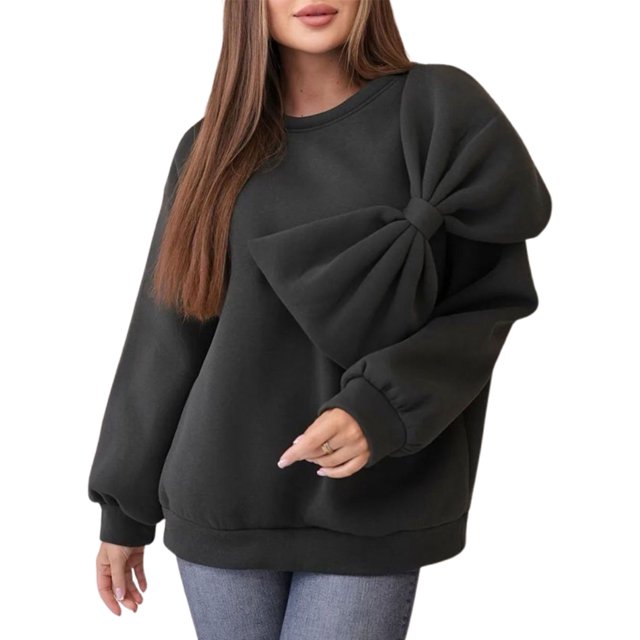 Gupgi Women Loose Pullover Fall Tops Cute 3D Bowknot Solid Color Long Sleeve Crew Neck Sweatshirt