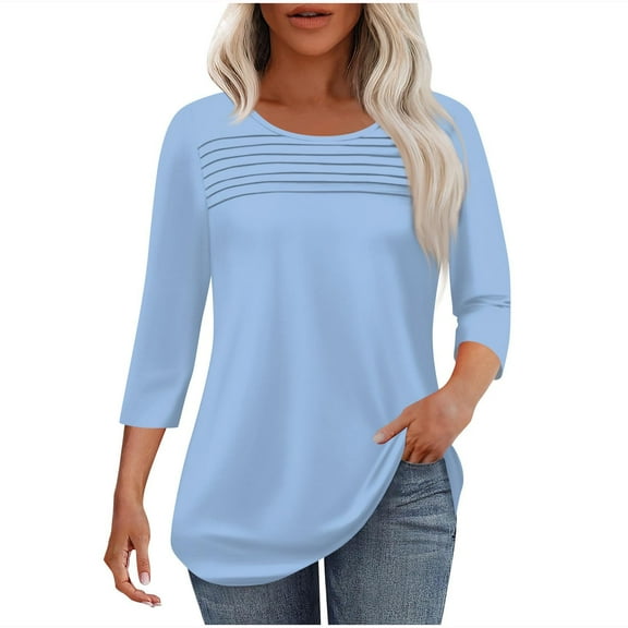 HUJlwoi Womens Tunic Tops 3/4 Length Sleeve Curved Hem Blouses Fall Outfits Pleated Front Round Neck Casual T Shirts