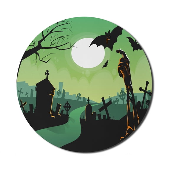 Halloween Mouse Pad for Computers, Cemetery Scene with Zombie Hand Through Ground Tomb Stones and Bats, Round Non-Slip Thick Rubber Modern Mousepad, 8" Round, Green Black and Orange, by Ambesonne