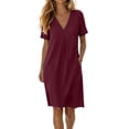 thumbnail image 2 of ClodeEU Women's V Neck Short Sleeve Knee Length Dress, Casual Loose Dress with Pockets Wine,Women's Plus M, 2 of 6
