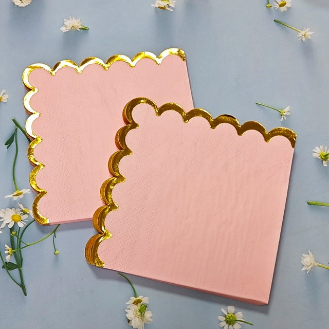 Nvzi 50 servilletas rosas con detalles en papel dorado de 5 x 5 pulgadas, desechables,despedidas de soltera y baby showers, suministros para cenas y almuerzos (rosa A)