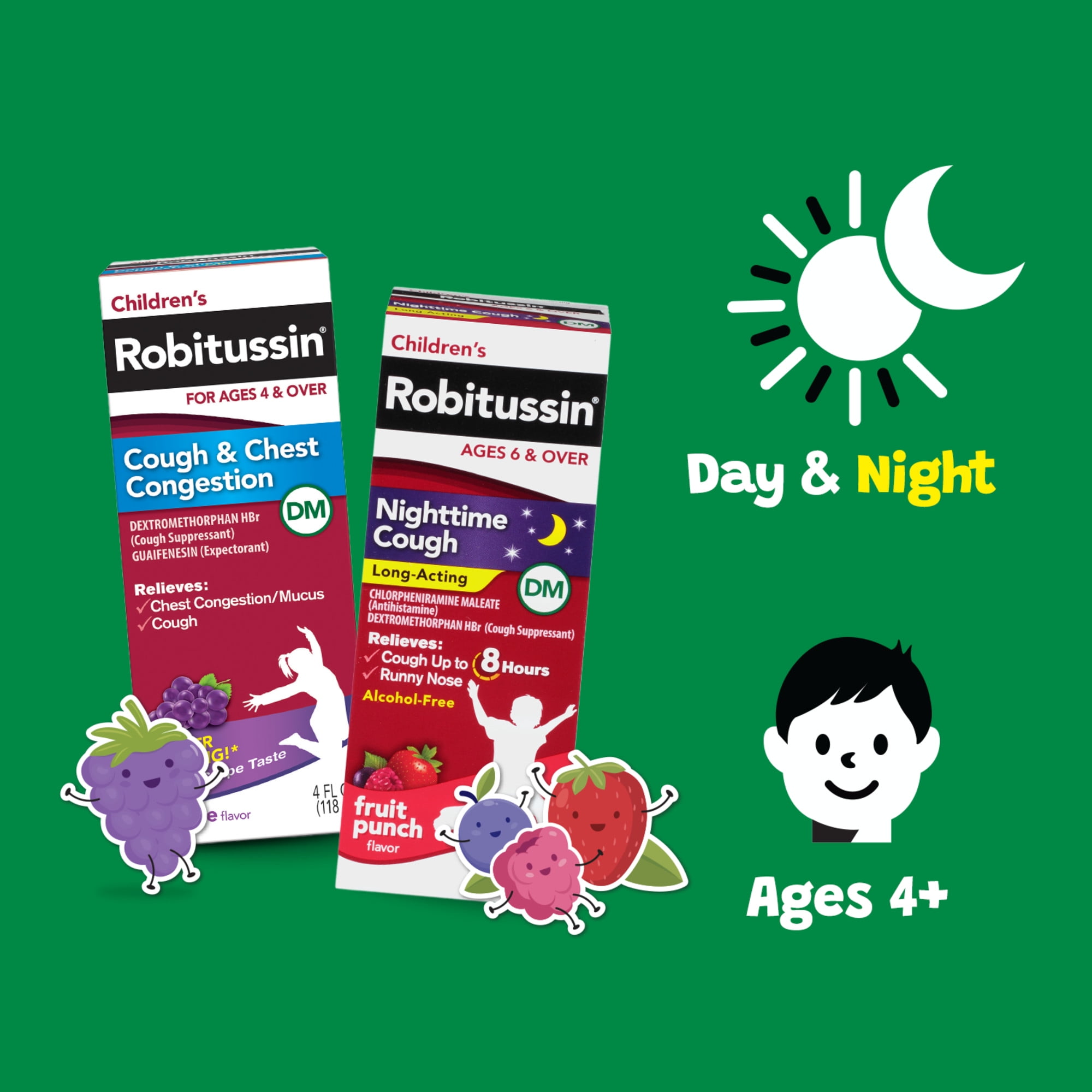 Children's Robitussin Kids Cough and Cold Medicine for Day and Night Relief Syrup, 4 fl oz, 2 pack