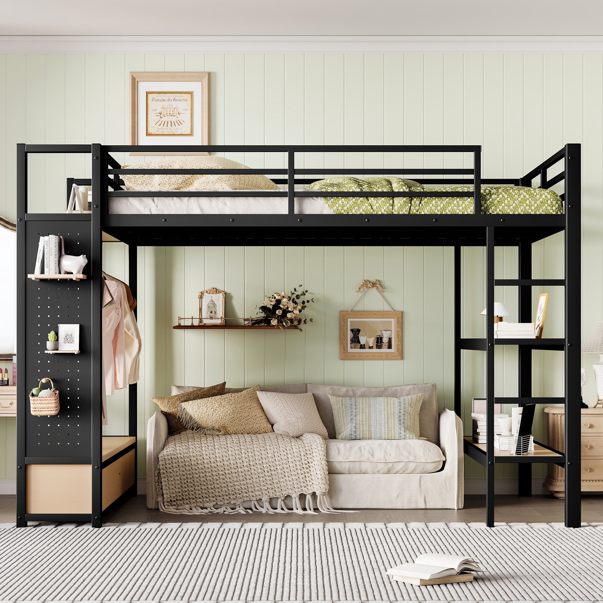 Leumius Queen Size Loft Bed with Built-in Wardrobe,Heavy Duty Metal Loft Bed with Storage Shelves and Pegboard,Space-Saving,Black