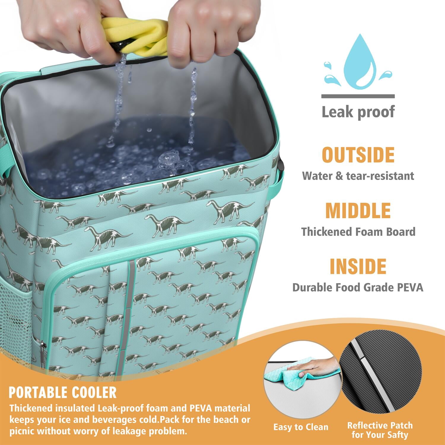 Travel Cooler Bag - LightBlue Cartoon Dinosaurs Skeletons Pattern Camping Beer Cooler Backpack with Bottle Opener- Waterproof Insulated Picnic Backpacks - Cooler Bag for Beach