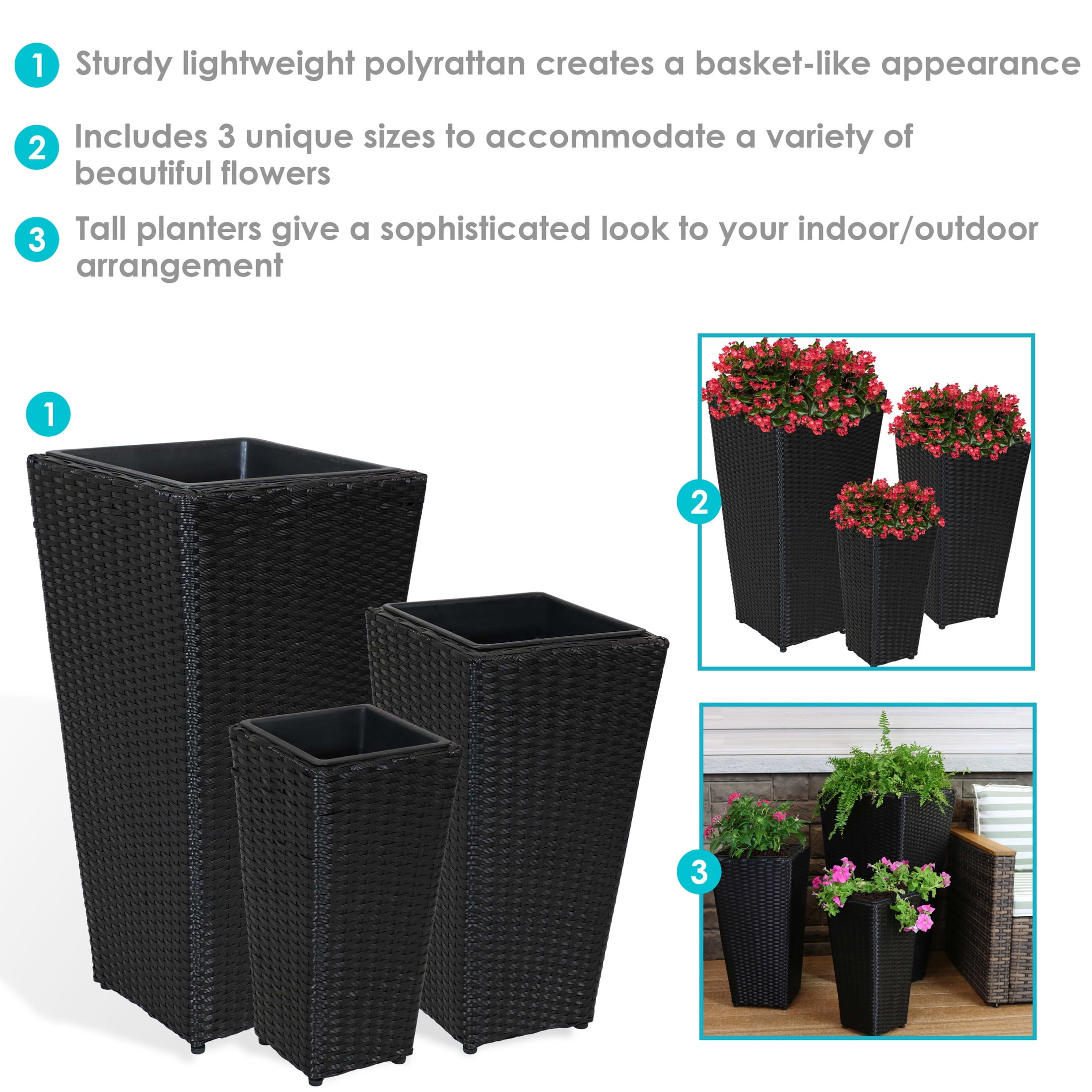 Sunnydaze Assorted Square Outdoor Black Rattan Planter with Liner 3-Count