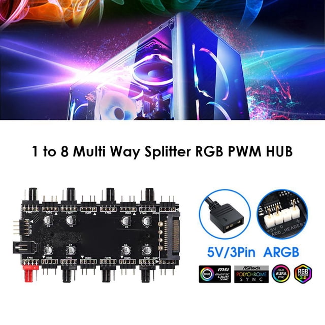 Ventilador ARGB de 5 V/3 pines PWM HUB Divisor de 1 a 8 puertos para placa base de PC (SATA) Likrtyny Componentes de la computadora