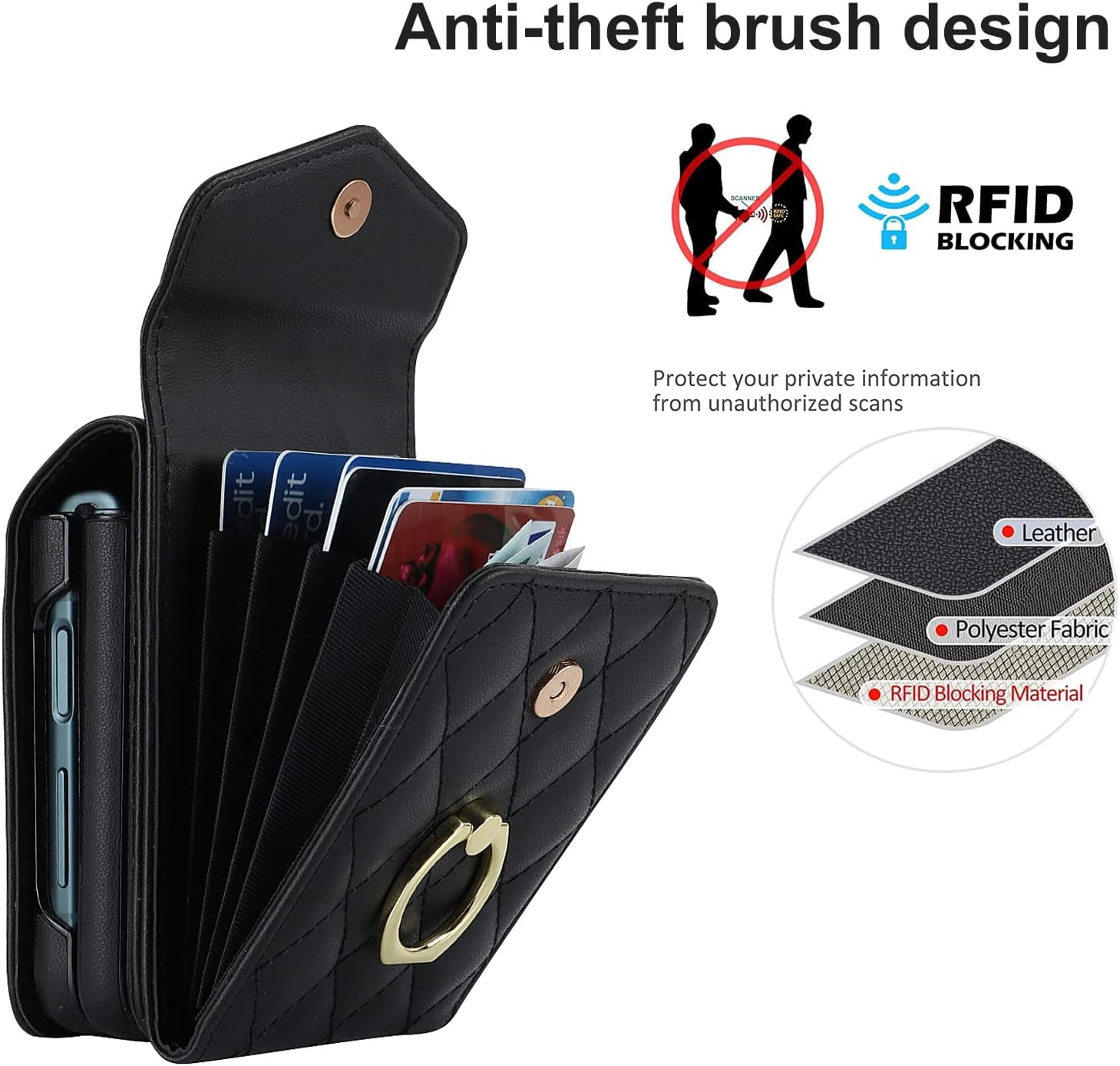 Phone Case for Samsung Galaxy Z Flip 5 5G 2023 Wallet Cover with RFID Blocking Ring Crossbody Wrist Strap Stand Credit Card Holder Cell Accessories ZFlip5 Z5 G Flip5 5Z Women Men Girls Black