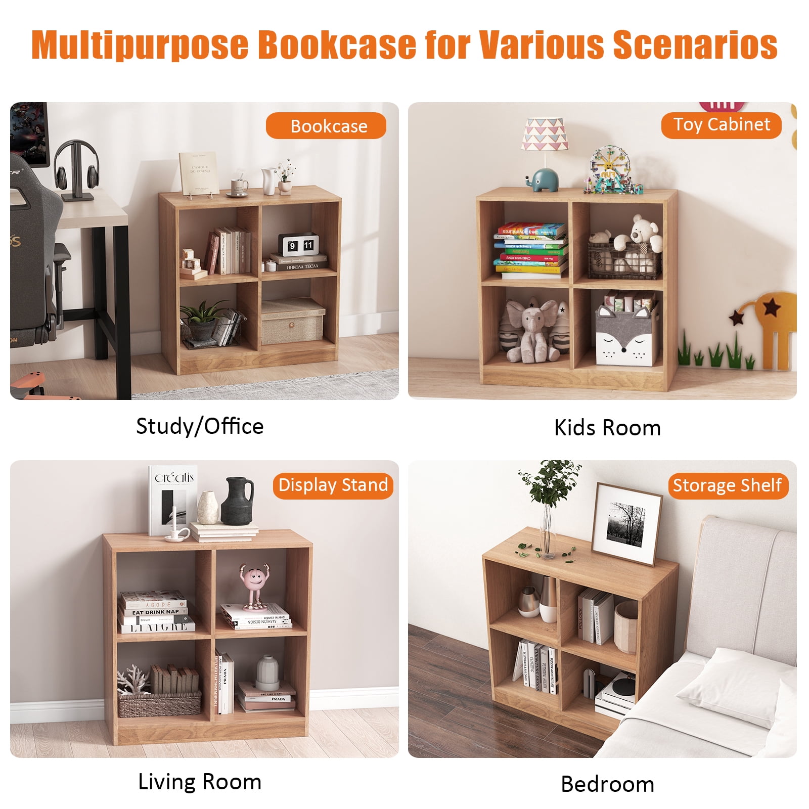 Giantex 4-Cube Bookcase, Freestanding Open Bookshelf, Storage Wooden Display Shelf, Natural