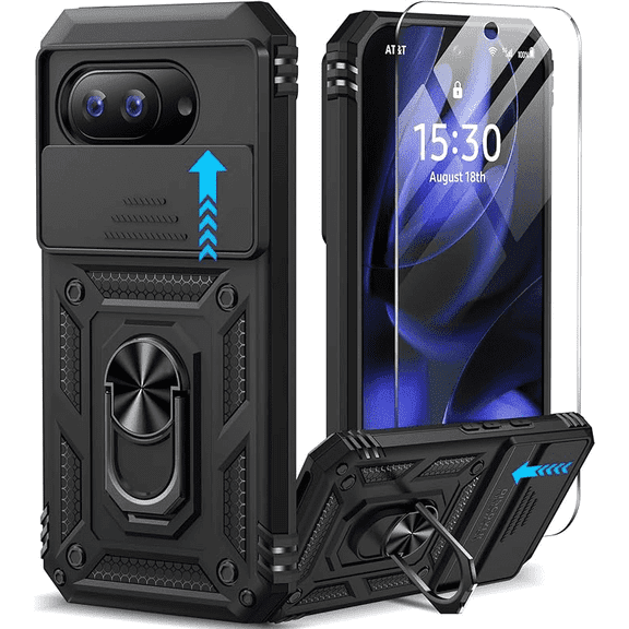 MUKO for Google Pixel 9A Case with Screen Protector & Slide Camera Lens Cover, Built-in 360°Rotate Magnetic Ring Stand Shockproof Protective Phone Case for Google Pixel 9A Case Black