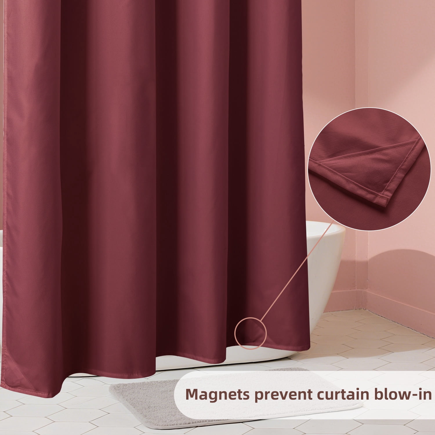 Yiannan Waterproof Fabric Shower Curtain Liner with 3 Magnets,Machine Washable，Mold Resitant,72x72inch,Burgundy