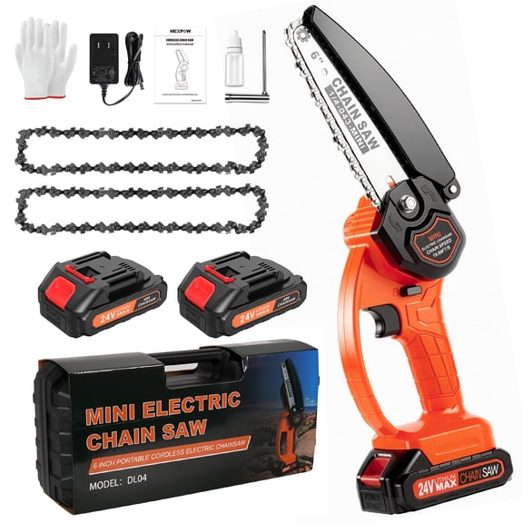 NEXPOW 6 Inch Cordless Mini Chainsaw, 24V Battery Powered Handheld Electric Chainsaw for Tree Trimming, Branch & Wood Cutting, Portable with 2 Batteries & 2 Chains